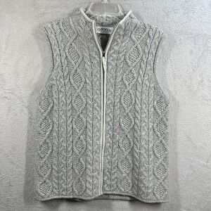 Orvis Fisherman Cable Knit 100% Wool Sweater Vest Gray Full Zip Women's S